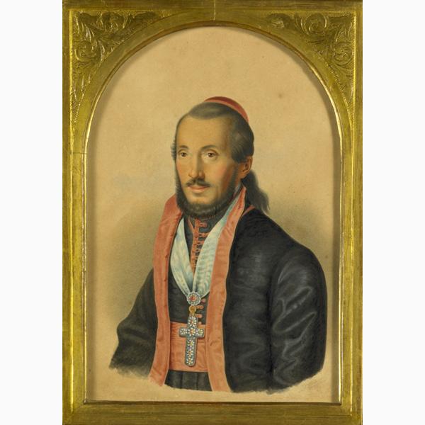 19TH C. AUSTRIAN PORTRAIT: 19TH C. AUSTRIAN PORTRAIT; Gouache and watercolor on buff paper of a rabbi (in gold leaf frame); Signed Zenner; 11 1/4'' x 7 1/4''; Provenance: Collection of Archduke Friedrich of Austria; Private Col