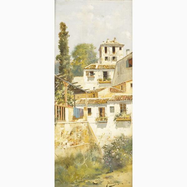 JOSE MARIA JARDINES (Spanish, 1862-1914): JOSE MARIA JARDINES (Spanish, 1862-1914); Oil on canvas mounted on masonite of a Mediterranean village (framed); Signed; 22'' x 9 1/2''