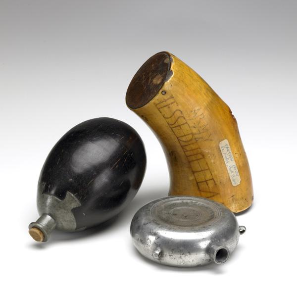 THREE 18TH/19TH C. CANTEENS: THREE 18TH/19TH C. CANTEENS; Coconut with inset pewter top, pewter bull's-eye and horn ramekin engraved ''Army 1776 Jesse Dunten''; Longest: 7''