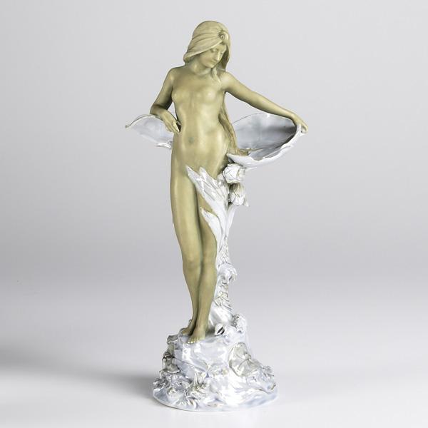 ERNST WAHLISS: ERNST WAHLISS; Amphora porcelain water lily nude figurine; Blue depose stamp, MADE IN AUSTRIA 4638 7; 17 1/2'' x 8''