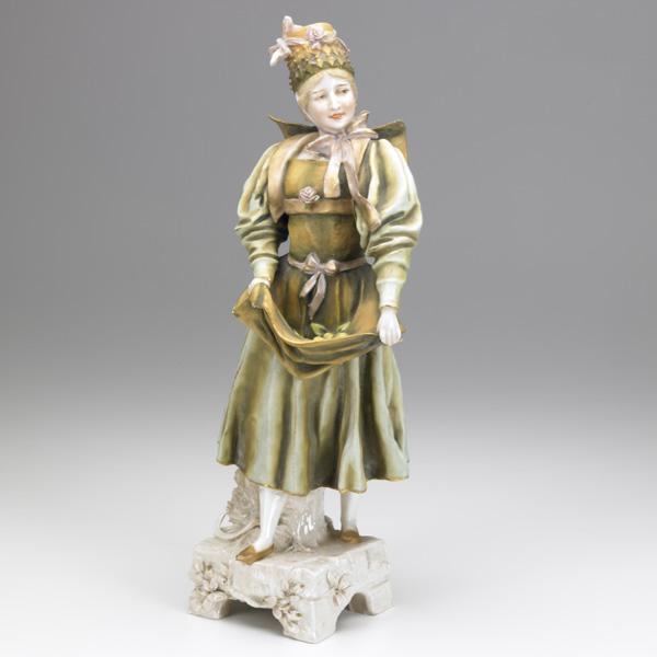 ERNST WAHLISS: ERNST WAHLISS; Amphora figure of a young girl with flowers, early 20th c.; Red Turn Wien Depose crown, Made in Austria; 16''