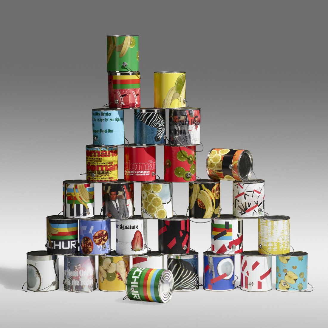 Wade Guyton & Kelley Walker, Thirty Paint Cans: Wade Guyton and Kelley Walker Thirty Paint Cans (from Dear Ketel One Drinker Hello Again) USA, 2006digital inkjet prints and paint cans 7.5 h × 7 w × 6.5 d in (19 × 18 × 17 cm