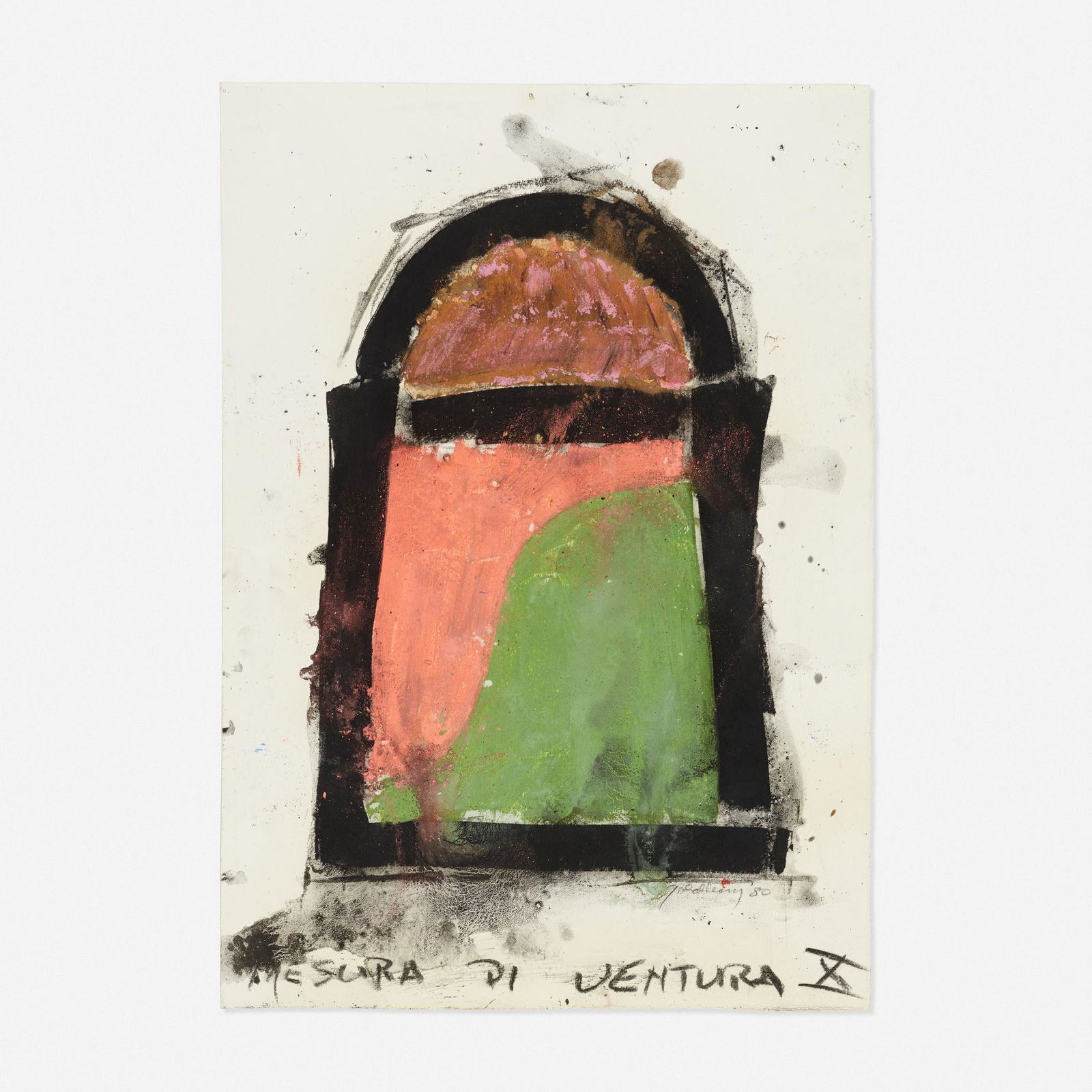 Michael Goldberg, Mesura Di Ventura X: Michael Goldberg Mesura Di Ventura X 1980mixed media on paper 19.5 h × 13.75 w in (50 × 35 cm) Signed, titled and dated to lower edge ‘Goldberg 80 Mesura Di Ventura X’. Sold with a