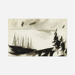 Herman Maril, Boats and Pines: Herman Maril Boats and Pines ink wash on paper sight: 17.75 h × 27.5 w in (45 × 70 cm) Signed to lower left 'Herman Maril'.