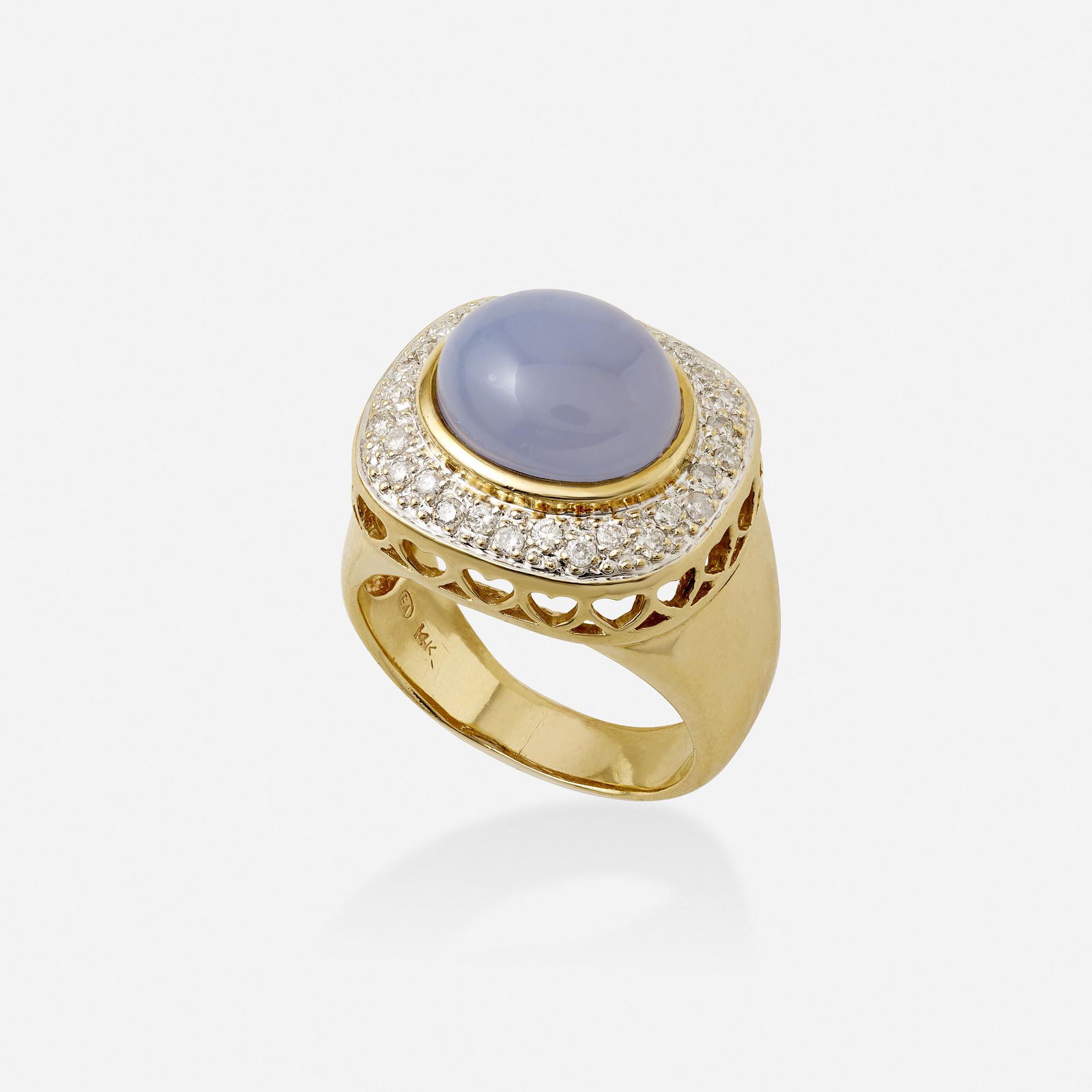 Blue chalcedony, diamond, and gold ring (1 of 2)
