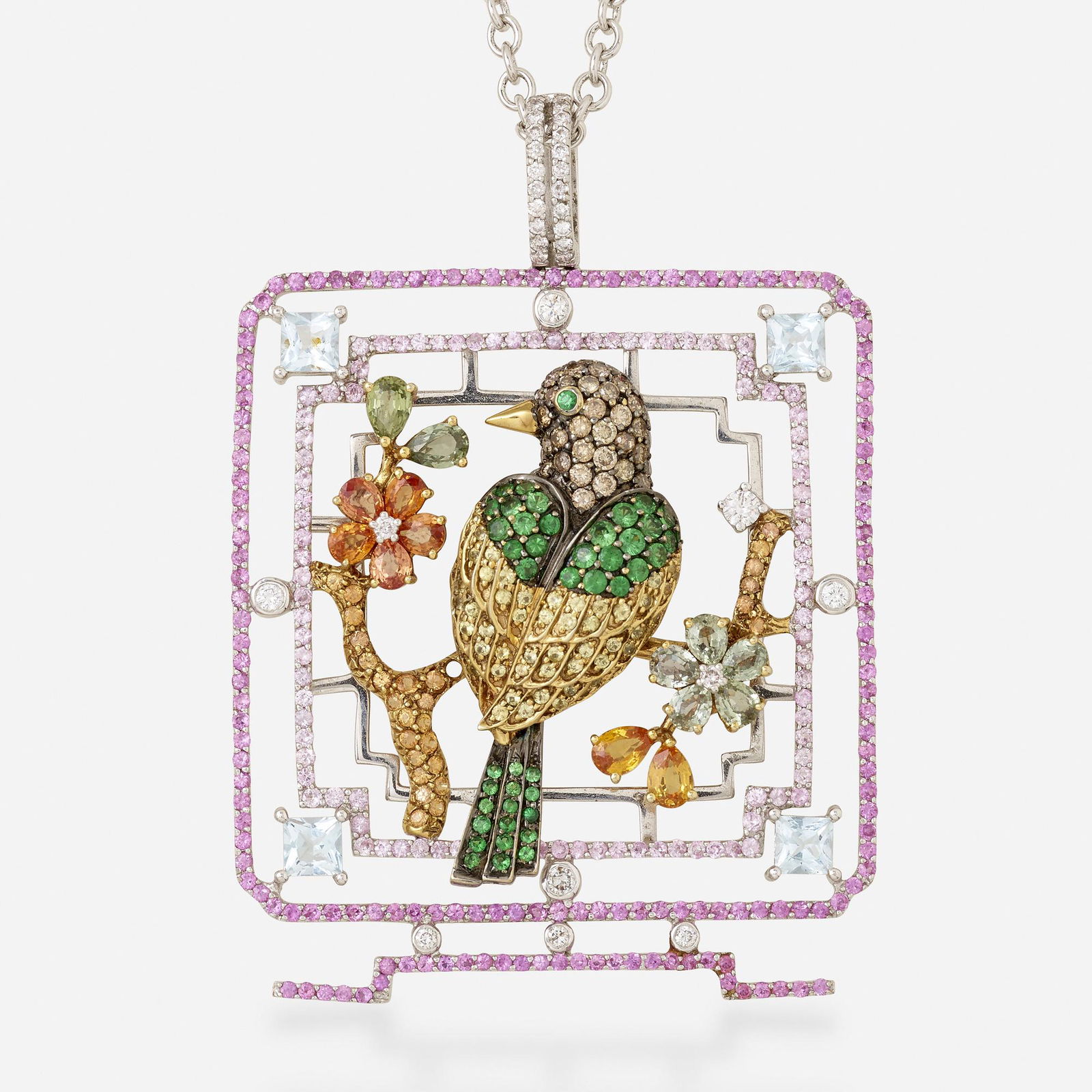 Multi-gem and diamond bird pendant necklace (1 of 1)