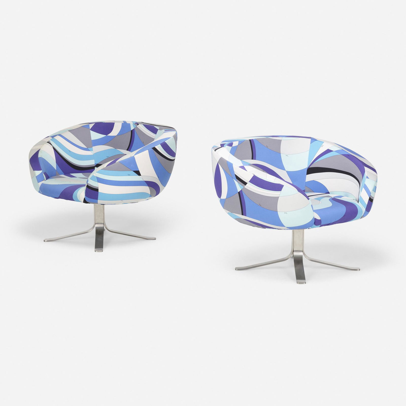 Patrick Norguet and Emilio Pucci, Armchairs, pair: Patrick Norguet and Emilio Pucci Rive Droite armchairs, pair CappelliniFrance/Italy, 2001upholstery, satin stainless steel 28 h × 36.5 w × 32 d in (71 × 93 × 81 cm) <