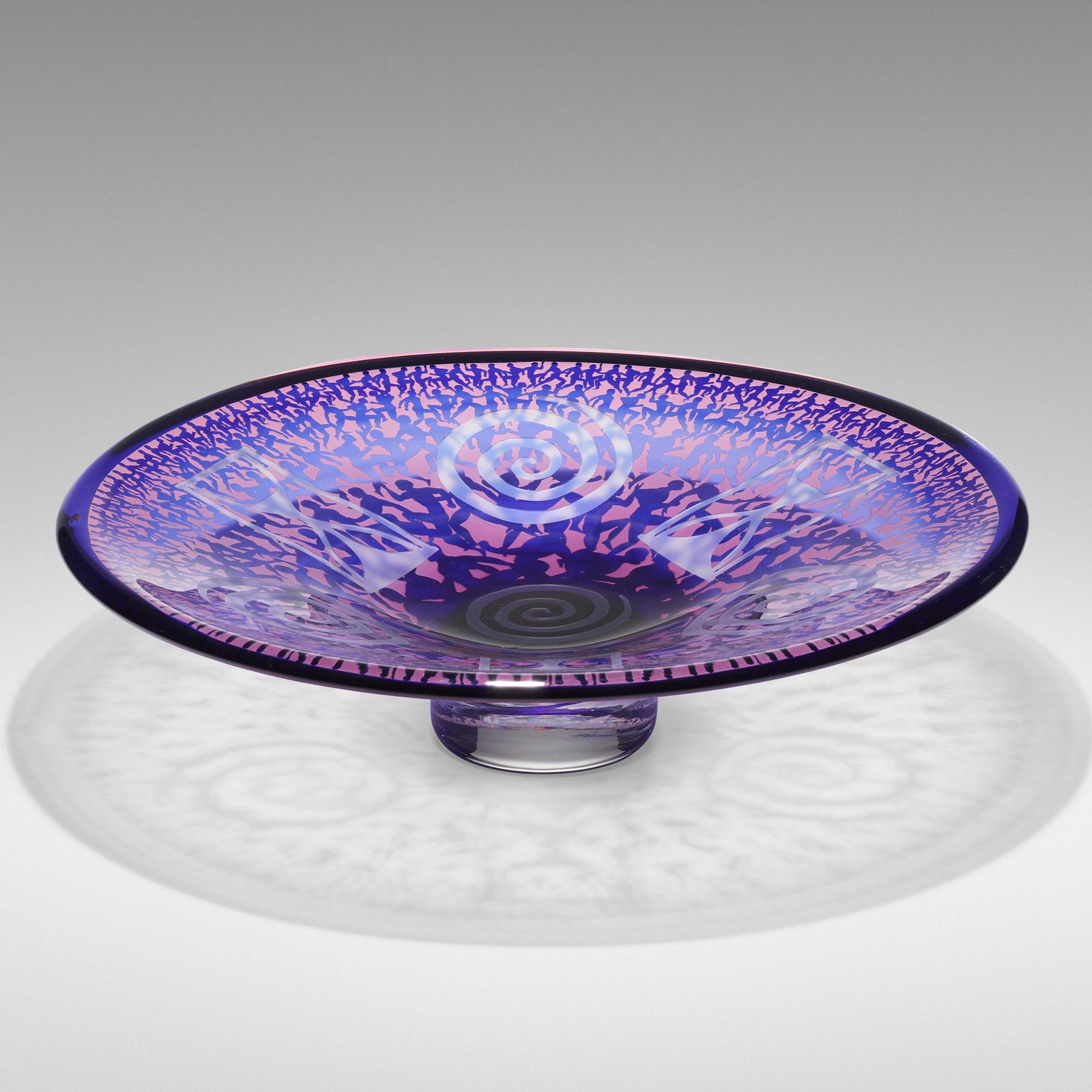 Duncan McClellan, Large bowl: Duncan McClellan Large bowl USAhand-blown and acid-etched glass 4.75 h × 18.5 dia in (12 × 47 cm) Bowl features figural silhouettes. Etched signature to base 'Duncan McClellan'.