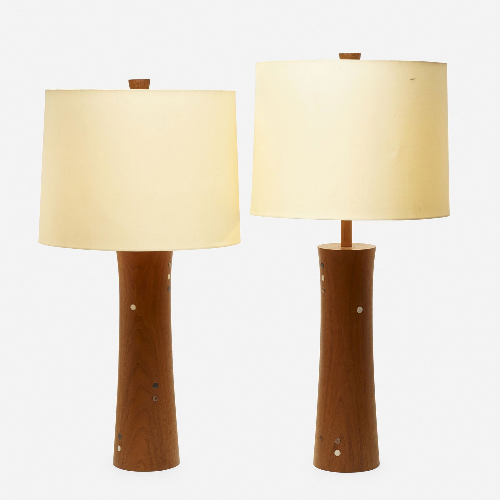 Gordon and Jane Martz, Table lamps, two: Gordon and Jane Martz Table lamps, two USA, c. 1955walnut, glazed earthenware 33.25 h × 15 dia in (84 × 38 cm) 31 h × 15 dia in (79 × 38 cm) This work w