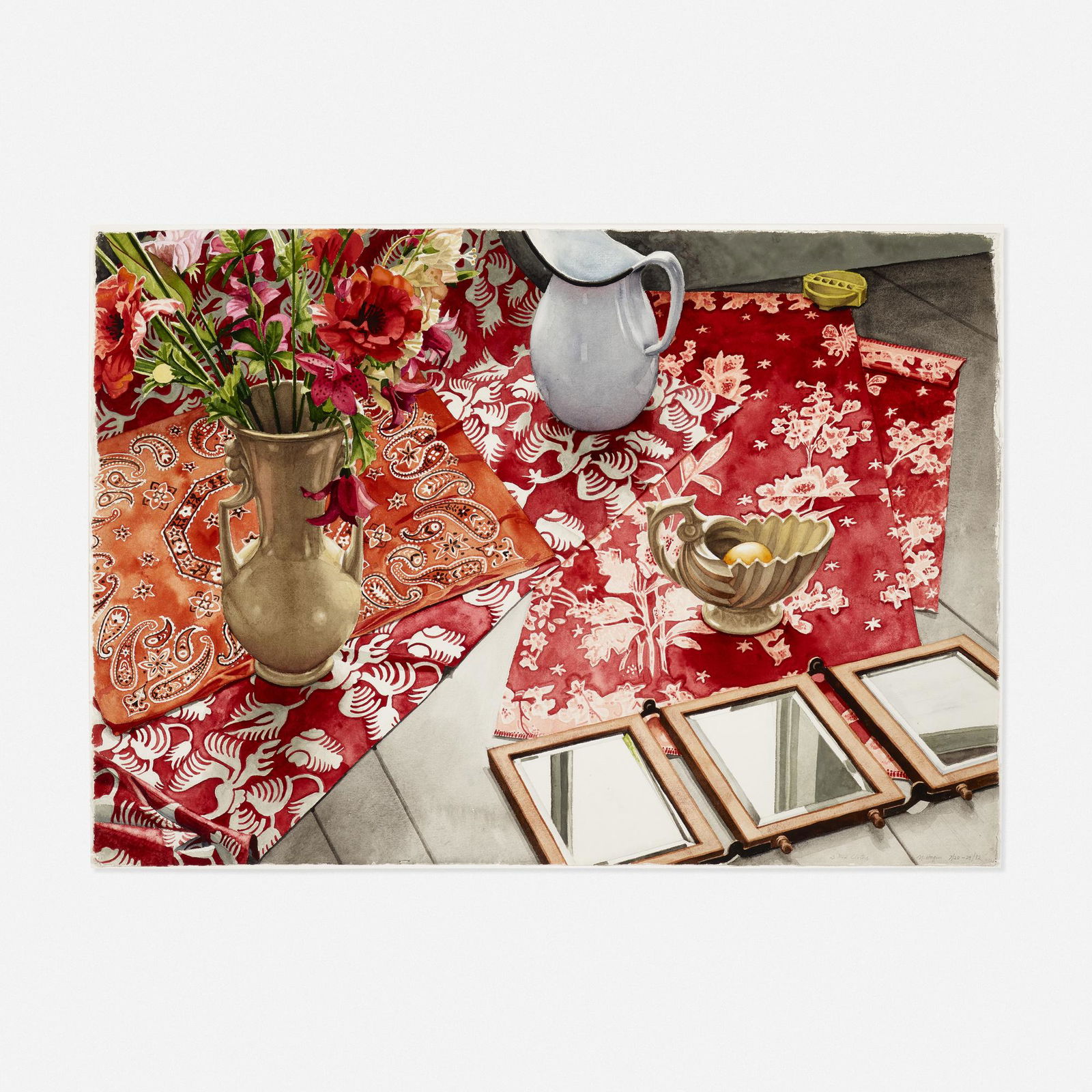 Nancy Hagin, Three Red Cloths: Nancy Hagin Three Red Cloths 1982watercolor on paper 29.25 h × 42 w in (74 × 107 cm) Signed, titled and dated to lower edge '3 Red Cloths N. Hagin 7/20-29/82'. Prove