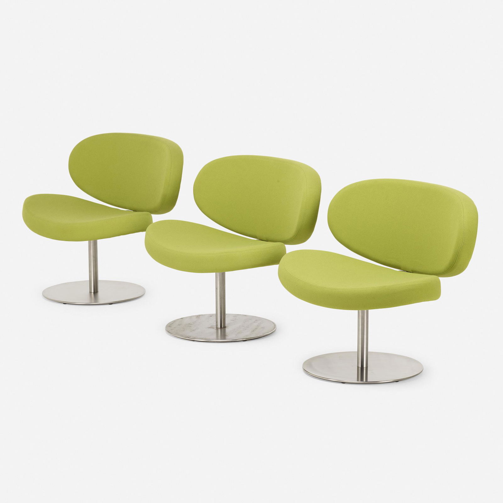 Christophe Pillet, Sunset chairs, set of three: Christophe Pillet Sunset chairs, set of three CappelliniFrance / Italy, 1997stainless steel, upholstery 29.5 h × 32.25 w × 25.25 d in (75 × 82 × 64 cm) Decal manu