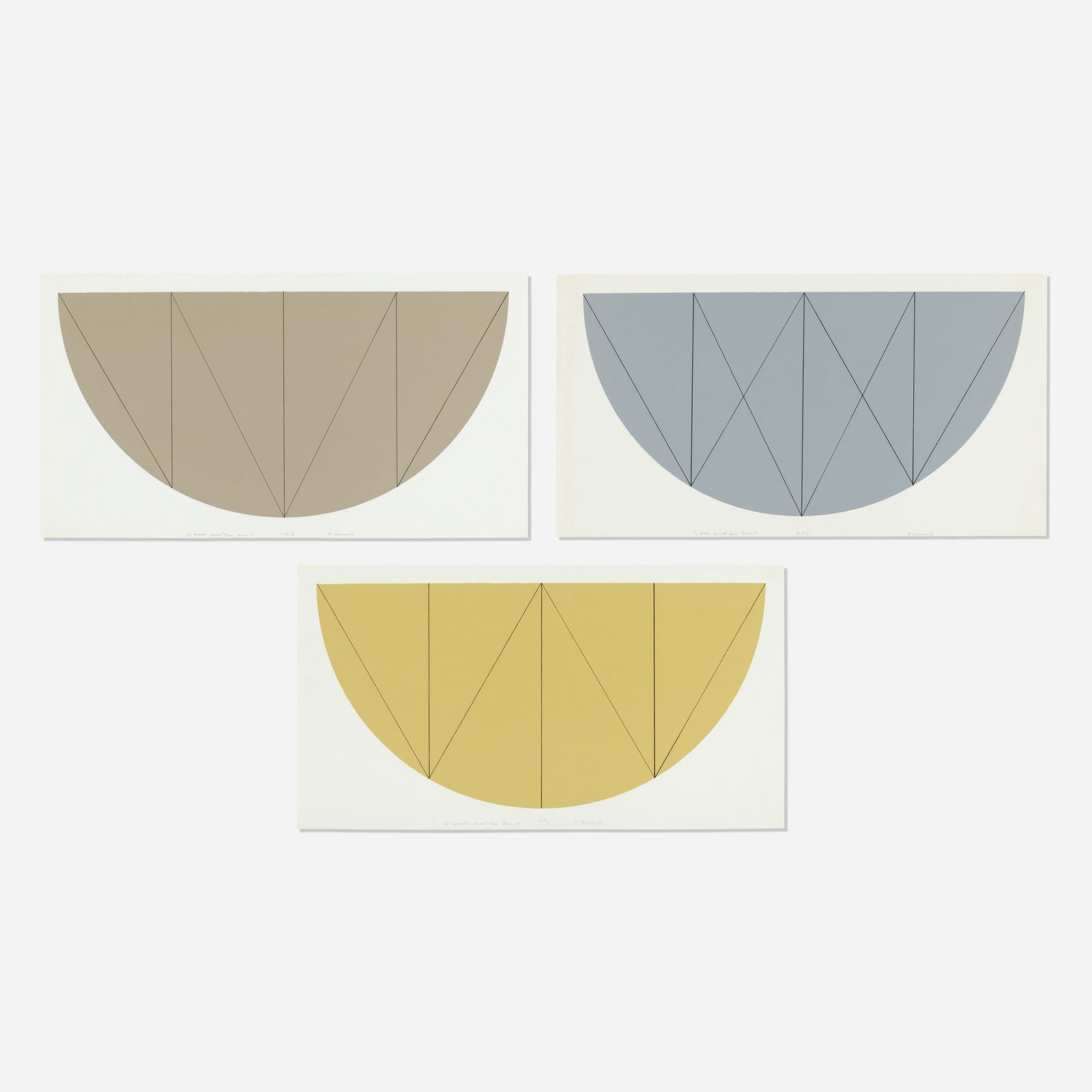 Robert Mangold, Three works: Robert Mangold, Three worksTitle too long Robert Mangold 1/2 Manilla Curved Area Series W; 1/2 Brown Curved Area Series V; 1/2 Gray Curved Area Series X (three works) 1968screenprint in colors