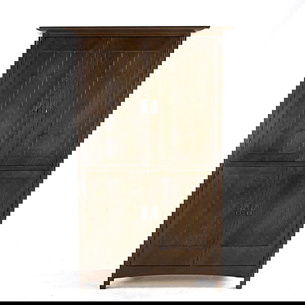 STICKLEY; E.J. AUDI: STYLE OF STICKLEY; E.J. AUDI; Reproduction L & J.G. Stickley linen press/TV cabinet; Top with two adjustable shelves, bottom with two over three drawers; Stickley metal tag and brand; 78 1/2'' x 48''