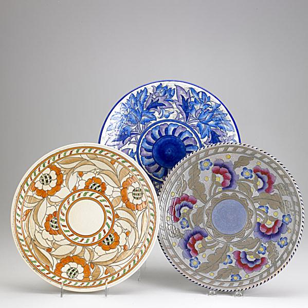 CHARLOTTE RHEAD / CROWN DUCAL: CHARLOTTE RHEAD; CROWN DUCAL; Three chargers each with foliate decoration; Marked Rhead Crown Ducal; Each: 12 5/8''