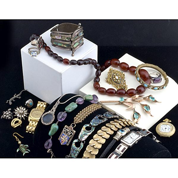 JEWELRY BOX LOT: JEWELRY BOX LOT; Includes costume, silver, some gold and watches