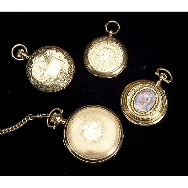 POCKET WATCHES: POCKET WATCHES; Grouping of four: O. B. & T Co. New York hunt case pocket watch key wind/key set 10k yg. case marked 1863, David Maginin Geneva open-face pocket watch 18k yg case with-hand painted por