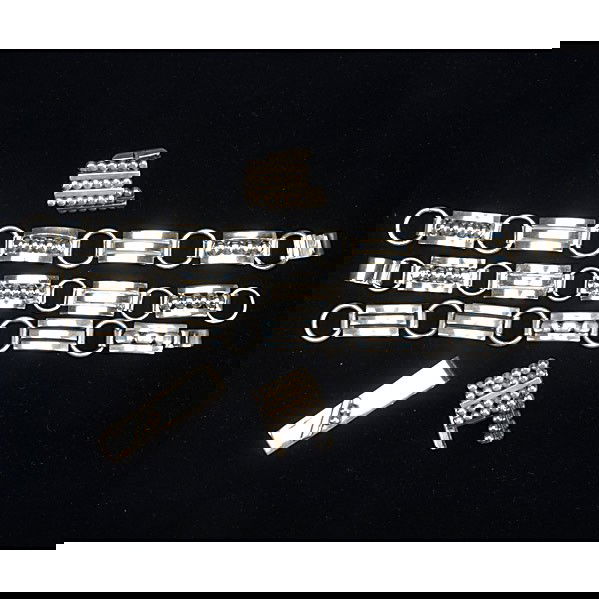 WALTER MEYER SILVER JEWELRY: WALTER MEYER SILVER JEWELRY; Three bold link bracelets, cufflinks and tie bar, all with bar and bead ornament; All marked or numbered; 233 gs.