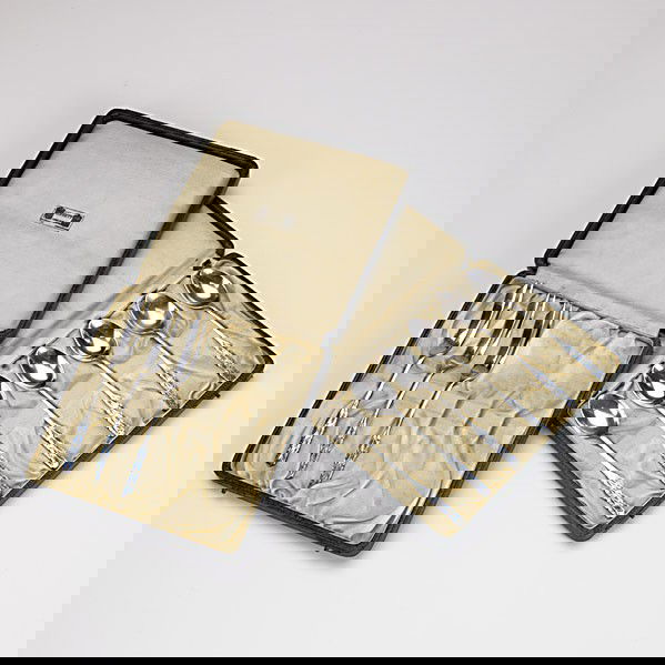 ARCHIBALD KNOX / LIBERTY & CO.: ARCHIBALD KNOX; LIBERTY & CO.; Six enameled sterling silver demitasse spoons in original leather case together with 3 piece partial set of matching fish forks; Each hallmarked; Spoons: 4 3/8''