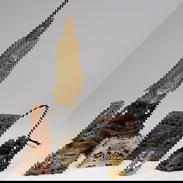 CARVED SOAPSTONE: CARVED SOAPSTONE; Seven pieces: lamp, three monkeys, a vase, carving of a planter and one with Foo dogs, 20th c.; Tallest: 23 1/2''