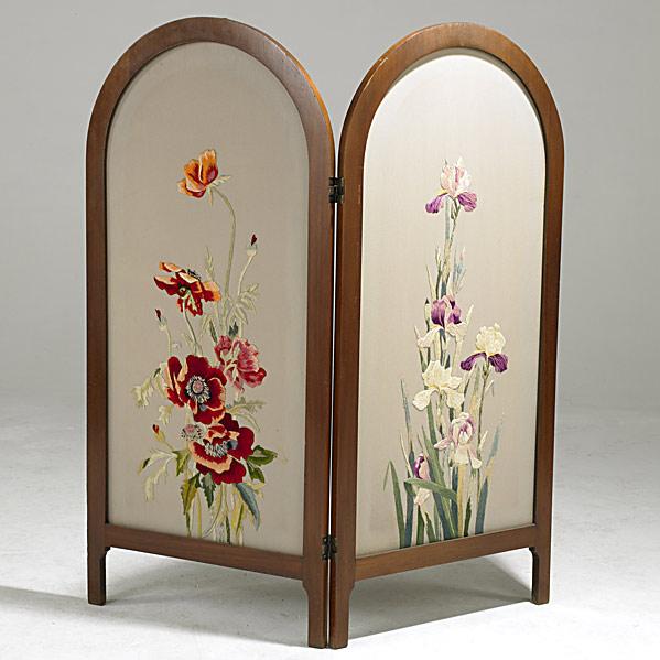 DECORATIVE SCREEN: DECORATIVE SCREEN; Two arched needlepoint panels, one with poppies the other with iris; 51'' x 24'' (panel)