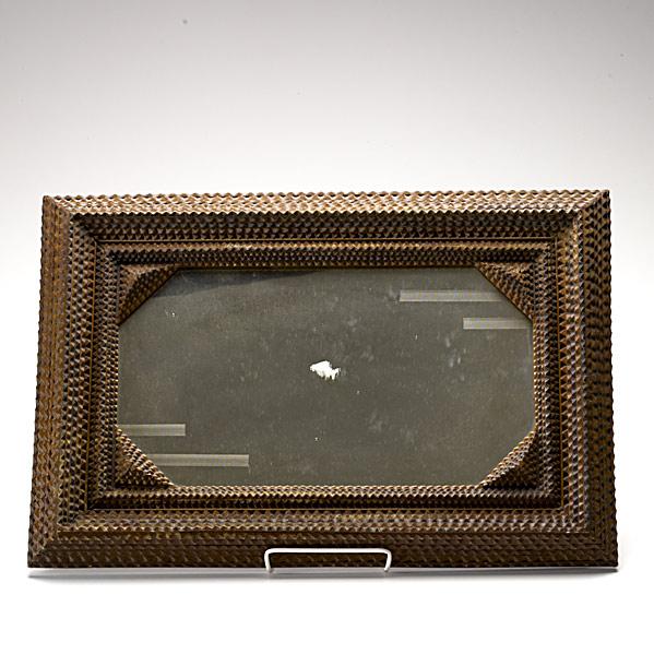 TRAMP ART: TRAMP ART; Mirror with carved wood frame and decorative striping to mirror; 16 1/2'' x 24 1/2''