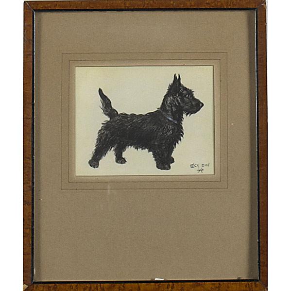 CECIL CHARLES WINDSOR ALDIN (British, 1870-1935): CECIL CHARLES WINDSOR ALDIN (British, 1870-1935); Pigment on ivorine of a Scottie; Signed; 4 1/8'' x 5 1/8'' (sheet)
