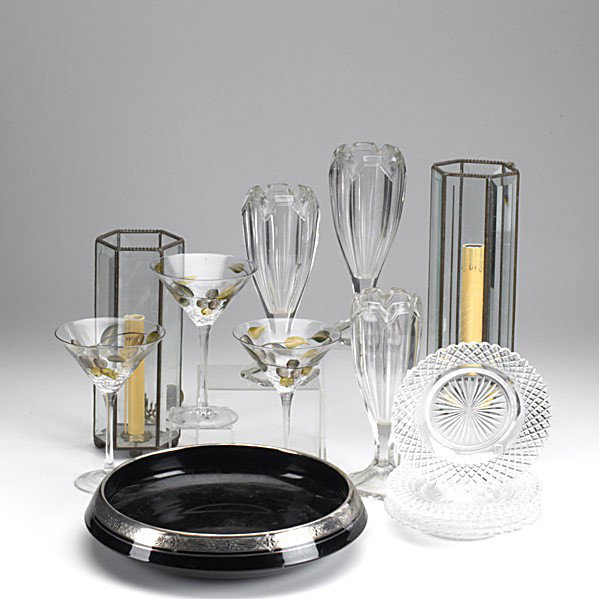GLASS LOT: GLASS LOT; Fourteen pieces include Art Deco amethyst centerbowl, pair of lamps, three martini glasses, three clear glass vases, etc.; Tallest: 10 1/2''