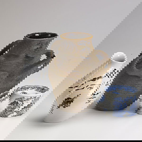 POTTERY AND PORCELAIN: POTTERY AND PORCELAIN; Three Chinese Export pieces in the Canton pattern, Rosenthal Classic Rose, Jean Cocteau vase and Mendez stoneware figural jug, 19th/20th c.; Tallest: 13''