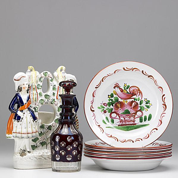 DECORATIVE GROUPING: DECORATIVE GROUPING; Staffordshire pocket watch display, six faience bowls decorated with roosters and flowers and ruby cut to clear decanter, 19th/20th c.; Tallest: 11''