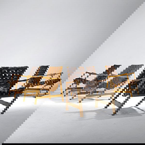 JENS RISOM / KNOLL: JENS RISOM; KNOLL; Set of four birch and leather armchairs, 1950s; Unmarked; 29 1/2'' x 24'' x 31''