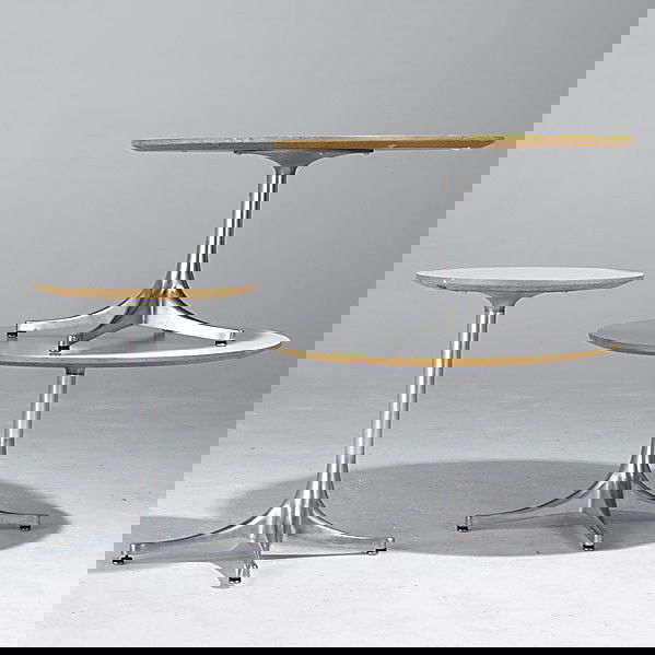 GEORGE NELSON/CHARLES AND RAY EAMES / HERMAN MILLER: GEORGE NELSON; CHARLES AND RAY EAMES; HERMAN MILLER; Three swag leg occasional tables and two side chairs; Each table with metal disc label, upholstery labels; 22'' x 18'' dia. and 16'' x 28 1/2'' dia