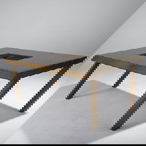 GEORGE NELSON / HERMAN MILLER: GEORGE NELSON; HERMAN MILLER; Walnut dining table with inset copper bar tray, two internal leaves and cover for tray; Unmarked; 29 3/4'' x 72'' x 40'', leaves; 20''