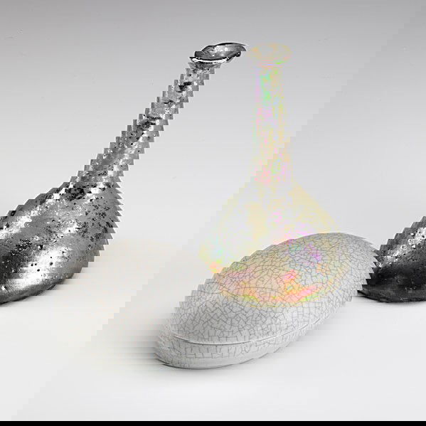 BEATRICE WOOD / DAVID LEACH: BEATRICE WOOD; DAVID LEACH; Glazed tapered bottle and crackle covered porcelain box; Bottle signed BEATO B107 50; 6'' x 3 3/4'' and 2 1/2'' x 3 3/4''