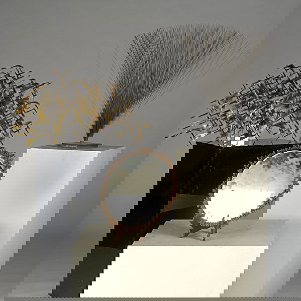 SCULPTURE GROUP: SCULPTURE GROUP; Wall sculpture in the style of Curtis Jere, spray sculpture in the style of Harry Bertoia and mirrored copper tray; Wall sculpture: 29 1/2'' x 40''