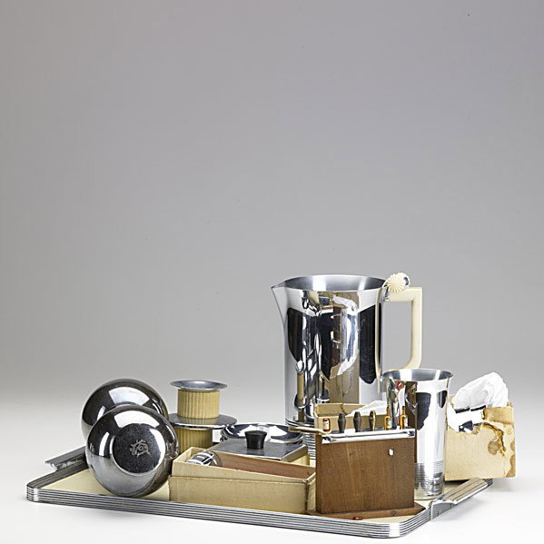 ART DECO BARWARE: ART DECO BARWARE; Harris Dunn pick set, dumbbell cocktail shaker, chrome pitcher with Bakelite handle, gavel bar caddy, new playing cards and enameled wood and chrome tray all by Chase, etc.