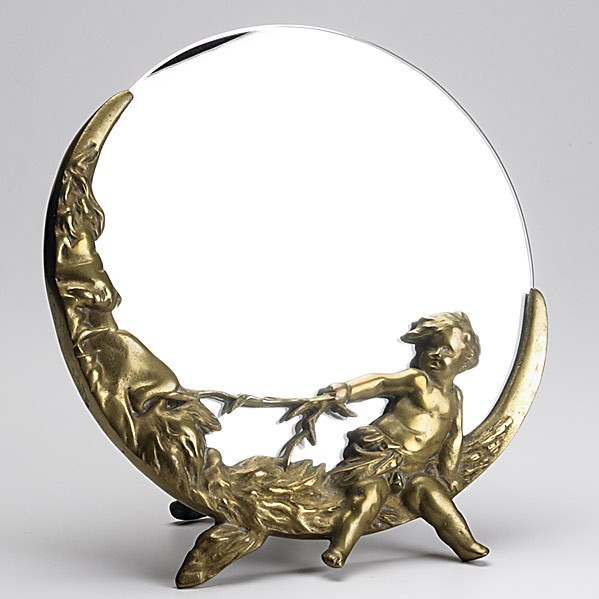 ART DECO STYLE: ART DECO STYLE; Brass easel mirror of cherub sitting on old man in the moon; 12''