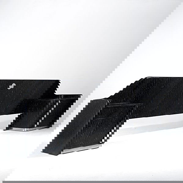 JAY SPECTRE: JAY SPECTRE; Ebonized oak and chrome-plated steel king size headboard; Spectre label; 36'' x 128 1/2'' x 20''