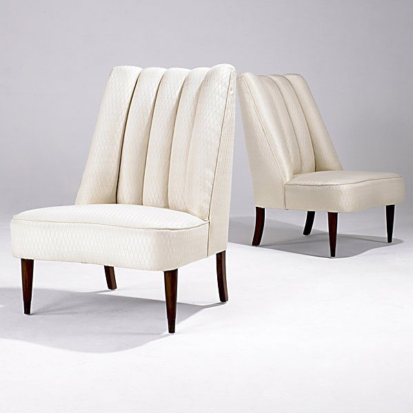 MODERN: MODERN; Pair of slipper chairs with quilted and channeled fabric upholstery; 35'' x 26'' x 21 1/2''