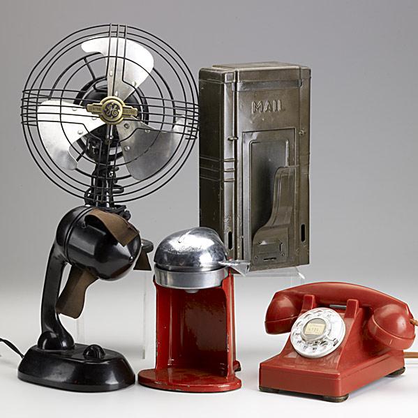 ART DECO GADGETS & ACCESSORIES: ART DECO GADGETS & ACCESSORIES; Thirteen pieces include Swingline Electro Pointer XI, white Ice-O-matic, red Juice-O-Matic, Hamilton Beach toaster, Airflow safe fan, etc.