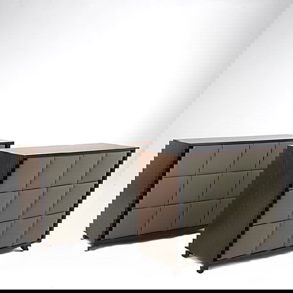 GILBERT ROHDE / HERMAN MILLER: GILBERT ROHDE; HERMAN MILLER; Pair of mahogany and leather dressers: Stenciled numbers to backside; 35'' x 44 1/2'' x 19''