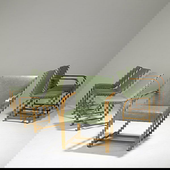 GILBERT RHODE / HEYWOOD WAKEFIELD: GILBERT ROHDE; HEYWOOD WAKEFIELD; Set of six chairs with laminated birchwood frames, original upholstery; Most with original labels; Armchair: 33'' x 22 1/2'' x 26''