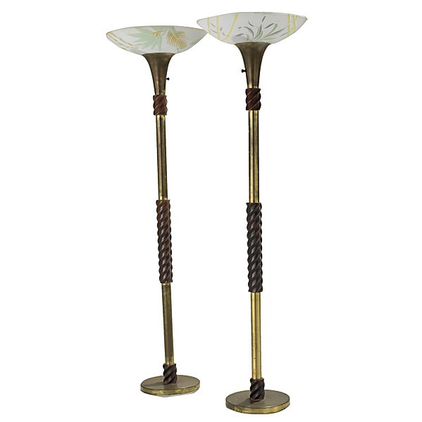 RUSSEL WRIGHT: RUSSEL WRIGHT; Pair of torcheres with brass shafts and turned wood accents; 64'' x 18'' x 18''