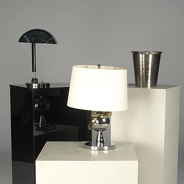 J. SPECTER ETC.: J. SPECTER ETC.; HANSON; Saturn table lamp, chrome desk lamp and waste basket; Saturn lamp has tag marked ''BAG''; Saturn Lamp: 12'' x 7 1/2'' sq.