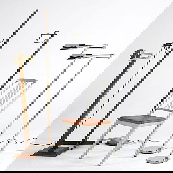 HANSON, GOODFORM, ETC.: HANSON, GOODFORM, ETC.; Pair of Hanson chrome pharmacy lamps together with Goodform sidechair and three other floor lamps; Chair: 34'' x 16'' x 21''