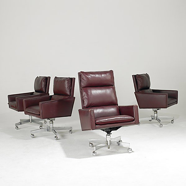 HARVEY PROBBER: HARVEY PROBBER; Leather Executive chairs on chromed steel bases with casters; Unmarked; Tallest: 41'' x 26'' x 33''