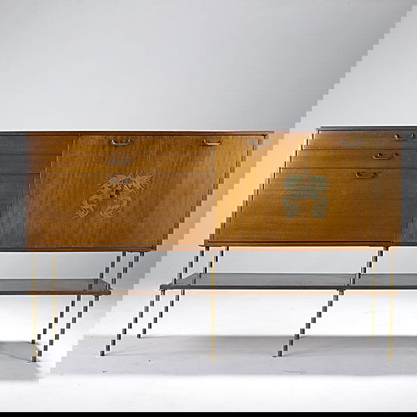 HARVEY PROBBER: HARVEY PROBBER; Early bleached mahogany credenza with brass hardware; Paper label; 44'' x 70 1/2'' x 17''