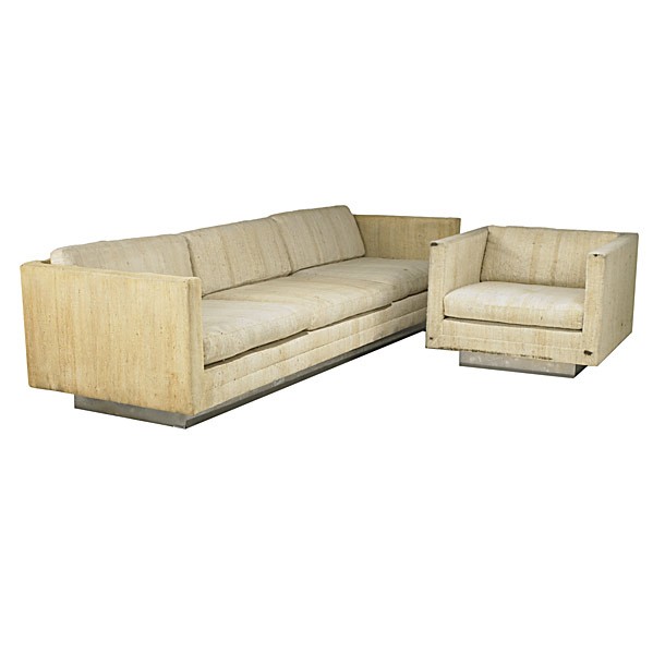 HARVEY PROBBER: HARVEY PROBBER; Sofa and matching club chair in boucle fabric on chromed steel base; Fabric label; Sofa: 24'' x 102'' x 34''