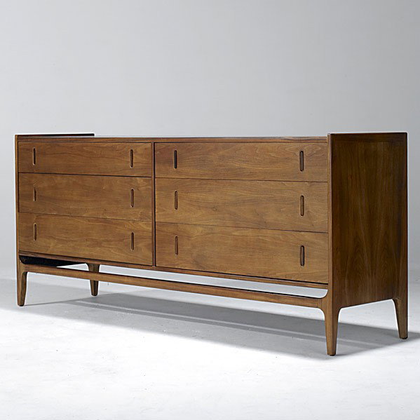 RICHARD THOMPSON / GLENN OF CALIFORNIA: RICHARD THOMPSON; GLENN OF CALIFORNIA; Walnut double dresser with inset rosewood pulls; Unmarked; 31'' x 71 1/2'' x 18''