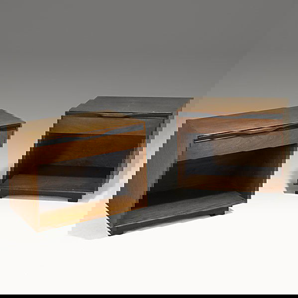 JOHN KAPEL / GLENN OF CALIFORNIA: JOHN KAPEL; GLENN OF CALIFORNIA; Pair of walnut nightstands, ca. 1960; Stenciled marks to verso; 22 1/2'' x 24'' x 18 1/2''