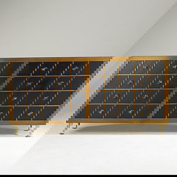 RON WEBER: ROM WEBER; Walnut credenza with brass plated hardware; Stamped ROM WEBER and fabric label; 35'' x 70'' x 19''